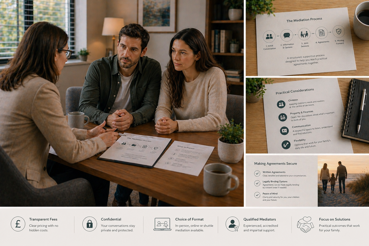 A family mediation session focused on practical considerations, with a mediator guiding a couple through a conversation about their finances and property in a calm and supportive environment.